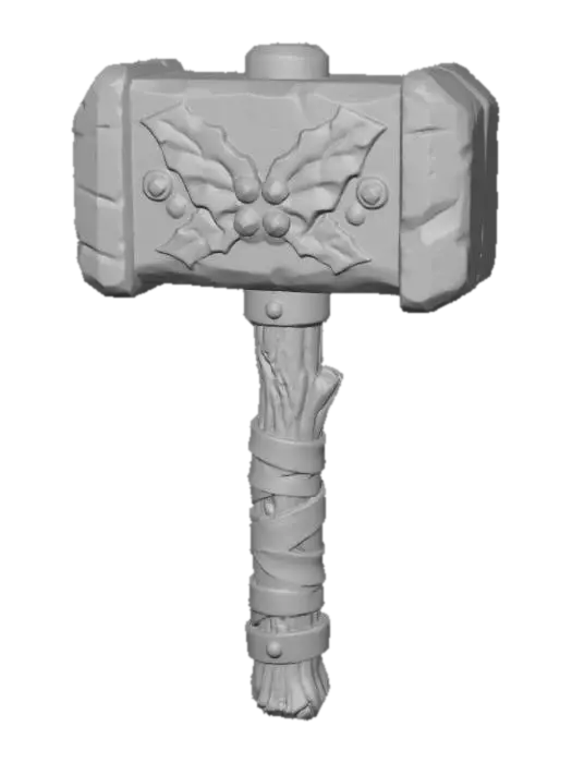 3D model for A stylized PBR 3D game asset, a one-handed Warhammer. The hammer head is a massive, blocky chunk of dark iron, featuring sculpted relief carvings of holly leaves. The "berries" are large, round red gemstones set deep into the metal. The handle is rough wood wrapped in thick, worn leather straps. Heavy impact wear on metal edges, chunky silhouette.