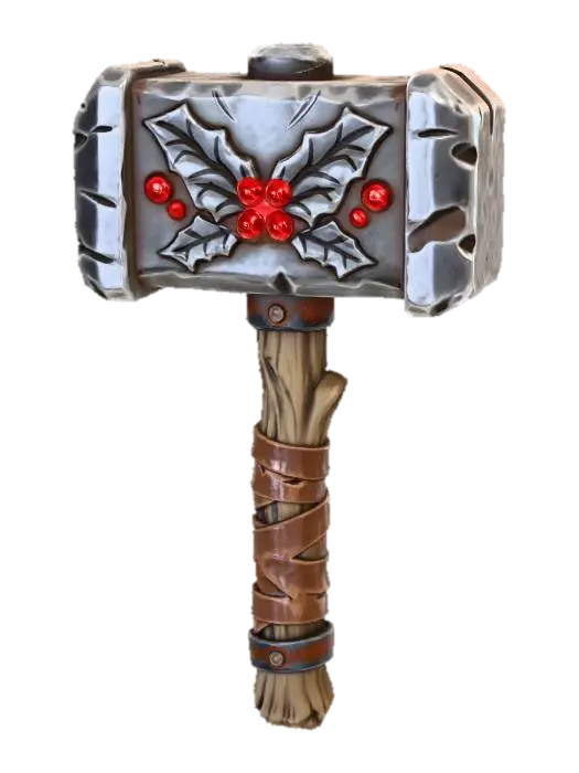 3D model for A stylized PBR 3D game asset, a one-handed Warhammer. The hammer head is a massive, blocky chunk of dark iron, featuring sculpted relief carvings of holly leaves. The "berries" are large, round red gemstones set deep into the metal. The handle is rough wood wrapped in thick, worn leather straps. Heavy impact wear on metal edges, chunky silhouette.