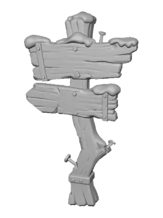 3D model for A stylized wooden signpost from a dark Christmas fantasy village.
Crooked post, cracked boards, faded paint symbols.
Snow buildup on top, rusted nails visible.
Readable silhouette, hand-crafted look.
Stylized 3D environment prop for a fantasy game.