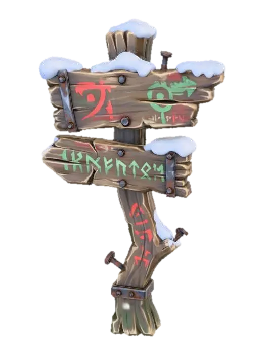 3D model for A stylized wooden signpost from a dark Christmas fantasy village.
Crooked post, cracked boards, faded paint symbols.
Snow buildup on top, rusted nails visible.
Readable silhouette, hand-crafted look.
Stylized 3D environment prop for a fantasy game.