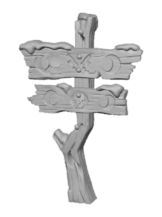 3D model for A stylized wooden signpost from a dark Christmas fantasy village.
Crooked post, cracked boards, faded paint symbols.
Snow buildup on top, rusted nails visible.
Readable silhouette, hand-crafted look.
Stylized 3D environment prop for a fantasy game.