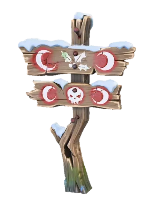 3D model for A stylized wooden signpost from a dark Christmas fantasy village.
Crooked post, cracked boards, faded paint symbols.
Snow buildup on top, rusted nails visible.
Readable silhouette, hand-crafted look.
Stylized 3D environment prop for a fantasy game.