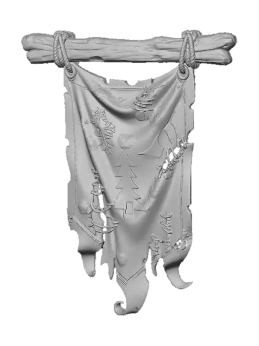 3D model for A stylized torn Christmas banner hanging from a wooden pole.
Faded fabric, frayed edges, stitched repairs.
Old holiday symbols barely visible, snow and dirt accumulated.
Exaggerated folds, hand-sculpted look.
Stylized fantasy environment prop.