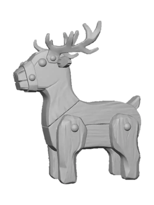 3D model for A stylized PBR 3D game asset, a vintage reindeer figurine. Constructed from thick, chunky oak blocks with visible chisel marks and wood grain. The red and green paint is heavily chipped and worn at the edges, revealing dark wood underneath. The antlers are cast iron with rust textures, bolted to the wooden head with oversized brass rivets. Hand-painted texture style, solid and heavy look, studio lighting.