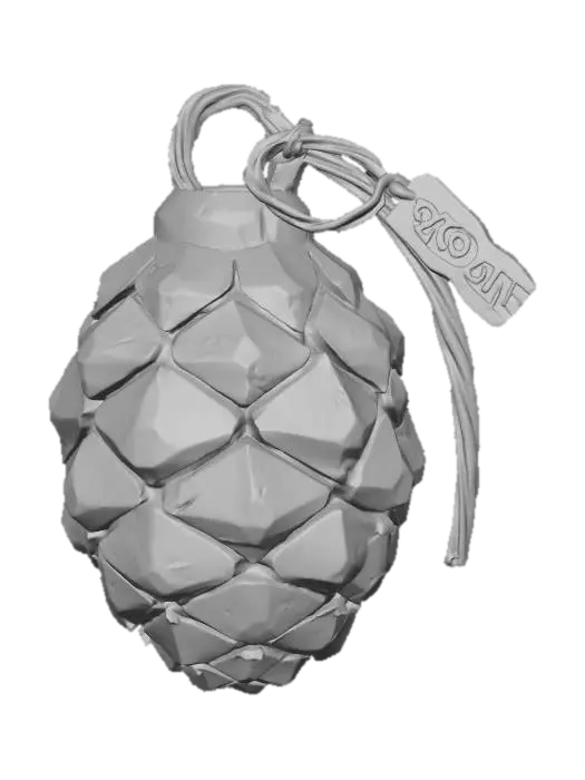 3D model for A stylized PBR 3D game asset, a tactical Pinecone Hand Grenade. Shaped like a large pinecone, but each scale is a thick, armored bronze plate with sharp edges. Between the scales, unstable green magical energy glows. The safety pin is a bent pine needle with a small wooden tag reading "BOOM". Metallic organic shape, heavy oxidation, emissive details.