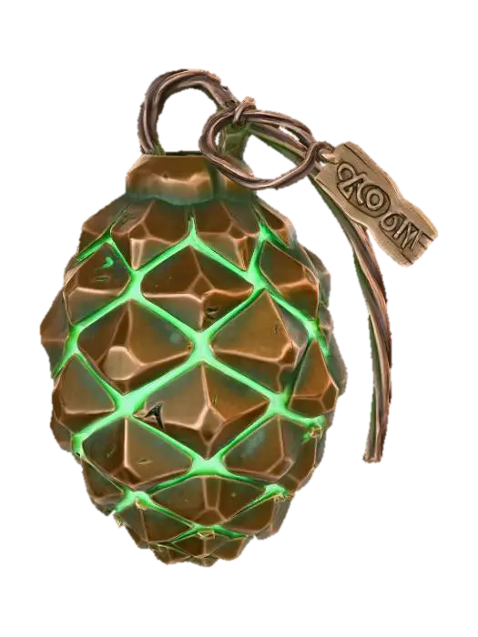 3D model for A stylized PBR 3D game asset, a tactical Pinecone Hand Grenade. Shaped like a large pinecone, but each scale is a thick, armored bronze plate with sharp edges. Between the scales, unstable green magical energy glows. The safety pin is a bent pine needle with a small wooden tag reading "BOOM". Metallic organic shape, heavy oxidation, emissive details.