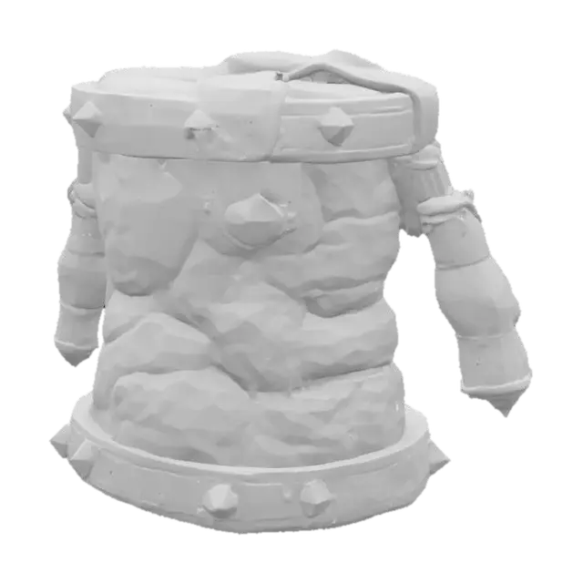 3D model for A 3D render of a Viking bellows with cracked volcanic rock casing and molten lava-filled seams, stitched leather body with charred wood handles, metal studs glowing faintly, PBR shader, clean background
