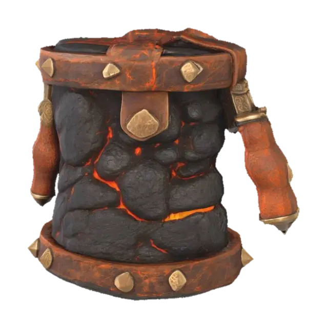 3D model for A 3D render of a Viking bellows with cracked volcanic rock casing and molten lava-filled seams, stitched leather body with charred wood handles, metal studs glowing faintly, PBR shader, clean background

