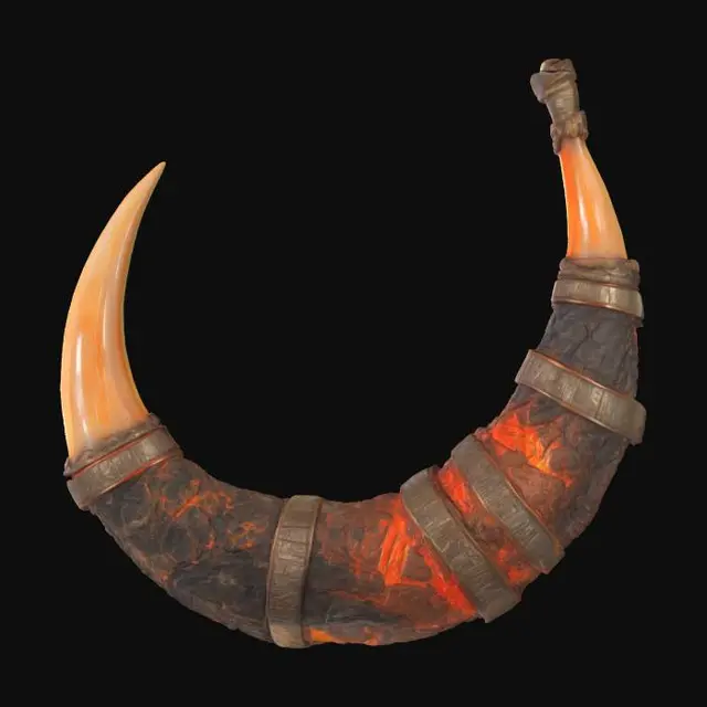 3D model for A stylized 3D model of a Viking horn drinking vessel, body carved from volcanic rock with glowing rune-like lava lines, metal bindings darkened by heat, PBR material, simple black backdrop
