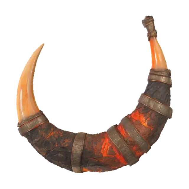 3D model for A stylized 3D model of a Viking horn drinking vessel, body carved from volcanic rock with glowing rune-like lava lines, metal bindings darkened by heat, PBR material, simple black backdrop
