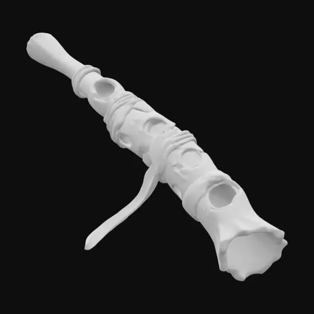 3D model for A low-poly 3D model of a prehistoric flute made from a hollowed bone wrapped in fractured volcanic rock segments with molten lava seams, finger holes glowing faintly, charred leather straps, isolated on neutral grey backdrop