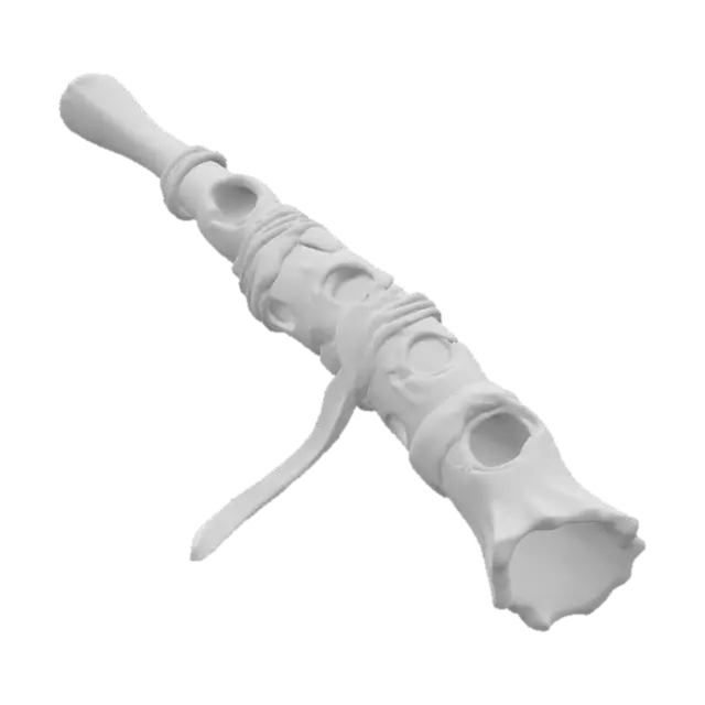 3D model for A low-poly 3D model of a prehistoric flute made from a hollowed bone wrapped in fractured volcanic rock segments with molten lava seams, finger holes glowing faintly, charred leather straps, isolated on neutral grey backdrop  
