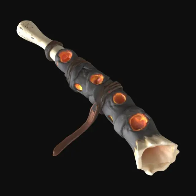 3D model for A low-poly 3D model of a prehistoric flute made from a hollowed bone wrapped in fractured volcanic rock segments with molten lava seams, finger holes glowing faintly, charred leather straps, isolated on neutral grey backdrop