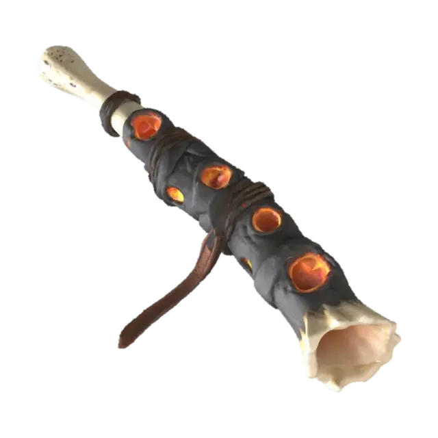 3D model for A low-poly 3D model of a prehistoric flute made from a hollowed bone wrapped in fractured volcanic rock segments with molten lava seams, finger holes glowing faintly, charred leather straps, isolated on neutral grey backdrop  
