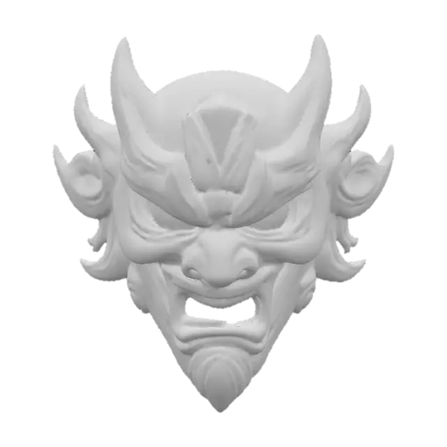 3D model for A formidable Oni mask, intricately carved from deep forest-green jade, its surface polished to an exceptionally smooth, cool finish that reflects light with a subtle, waxy sheen. Its stylized, fierce features, including prominent fangs and brows, are sharply defined, emphasizing the jade's dense, hard quality. Faint, dark emerald veins naturally flow through the stone, adding depth to its powerful and ancient appearance.
