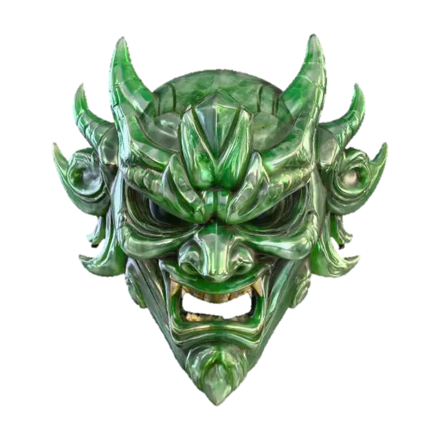 3D model for A formidable Oni mask, intricately carved from deep forest-green jade, its surface polished to an exceptionally smooth, cool finish that reflects light with a subtle, waxy sheen. Its stylized, fierce features, including prominent fangs and brows, are sharply defined, emphasizing the jade's dense, hard quality. Faint, dark emerald veins naturally flow through the stone, adding depth to its powerful and ancient appearance.