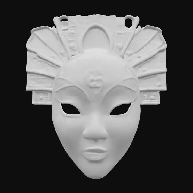 3D model for An opulent Geisha mask, sculpted from deep black lacquered wood, reflecting ambient light with an intense, fluid sheen that feels slick and hard. Its elegant features are enhanced by subtly raised, intricate patterns of silver and gold filigree across the forehead and chin, providing a delicate, contrasting metallic texture. Small, polished mother-of-pearl inlays around the eyes shimmer with an iridescent glow, contributing to its luxurious, PBR-friendly appearance.