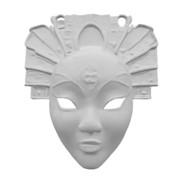 3D model for An opulent Geisha mask, sculpted from deep black lacquered wood, reflecting ambient light with an intense, fluid sheen that feels slick and hard. Its elegant features are enhanced by subtly raised, intricate patterns of silver and gold filigree across the forehead and chin, providing a delicate, contrasting metallic texture. Small, polished mother-of-pearl inlays around the eyes shimmer with an iridescent glow, contributing to its luxurious, PBR-friendly appearance.