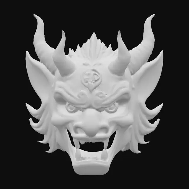 3D model for A majestic Oni mask, crafted from high-gloss lacquered wood, its deep crimson surface reflecting light like a polished mirror, feeling slick and hard. Its exaggerated, furious expression is highlighted by sharp, gilded fangs and horns that gleam with a metallic luster. Intricate, raised gold patterns adorn the brow and cheeks, contrasting with the smooth, vibrant lacquer, creating a luxurious yet menacing appearance ideal for PBR.