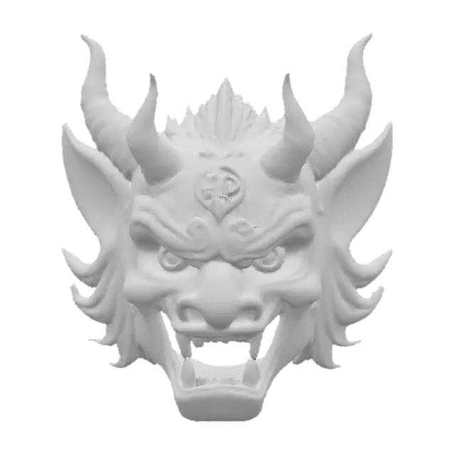 3D model for A majestic Oni mask, crafted from high-gloss lacquered wood, its deep crimson surface reflecting light like a polished mirror, feeling slick and hard. Its exaggerated, furious expression is highlighted by sharp, gilded fangs and horns that gleam with a metallic luster. Intricate, raised gold patterns adorn the brow and cheeks, contrasting with the smooth, vibrant lacquer, creating a luxurious yet menacing appearance ideal for PBR.