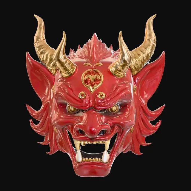 3D model for A majestic Oni mask, crafted from high-gloss lacquered wood, its deep crimson surface reflecting light like a polished mirror, feeling slick and hard. Its exaggerated, furious expression is highlighted by sharp, gilded fangs and horns that gleam with a metallic luster. Intricate, raised gold patterns adorn the brow and cheeks, contrasting with the smooth, vibrant lacquer, creating a luxurious yet menacing appearance ideal for PBR.