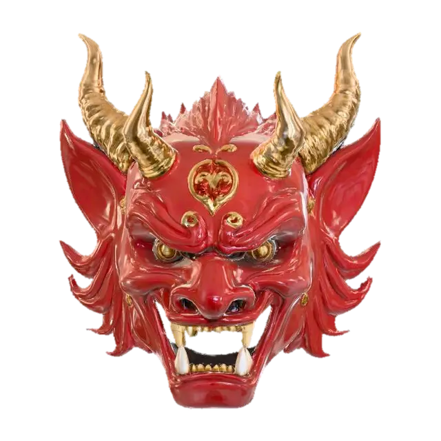 3D model for A majestic Oni mask, crafted from high-gloss lacquered wood, its deep crimson surface reflecting light like a polished mirror, feeling slick and hard. Its exaggerated, furious expression is highlighted by sharp, gilded fangs and horns that gleam with a metallic luster. Intricate, raised gold patterns adorn the brow and cheeks, contrasting with the smooth, vibrant lacquer, creating a luxurious yet menacing appearance ideal for PBR.