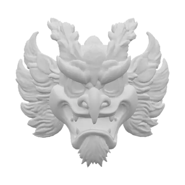 3D model for A commanding Tengu mask, meticulously carved from dark, richly stained and highly polished cedar wood, its surface incredibly smooth and slick to the touch, reflecting ambient light with a deep, subtle glow. Its prominent long nose and stern features are highlighted by gleaming silver inlays that trace intricate feather patterns, providing a bright, cool metallic contrast against the deep reddish-brown wood.
