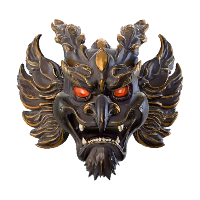 3D model for A commanding Tengu mask, meticulously carved from dark, richly stained and highly polished cedar wood, its surface incredibly smooth and slick to the touch, reflecting ambient light with a deep, subtle glow. Its prominent long nose and stern features are highlighted by gleaming silver inlays that trace intricate feather patterns, providing a bright, cool metallic contrast against the deep reddish-brown wood.