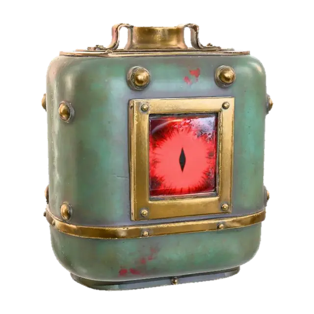 3D model for A stout, cuboid-shaped apothecary vessel, crafted from patinated copper, heavily covered in greenish verdigris and scattered aged rust spots. Its sharp edges are detailed with worn brass rivets and narrow filigree strips. The front face features a square, deep red glass pane, seamlessly inset and held by a brushed brass frame. The object feels weighty and cool, with a rough, textured surface contrasting with the smooth glass.
