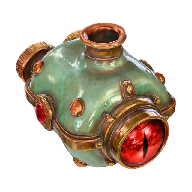 3D model for A squat, round-bodied apothecary bottle, predominantly aged copper, heavily blanketed by a thick, greenish-blue verdigris patina. Its surface is accented with numerous weathered brass rivets and intricate filigree bands that wrap around the form. A prominent, glossy red glass lens is deeply set into the front, framed by a textured, hammered brass ring. The bottle feels robust and cool, with a varied texture from the rough patina to the smooth glass.