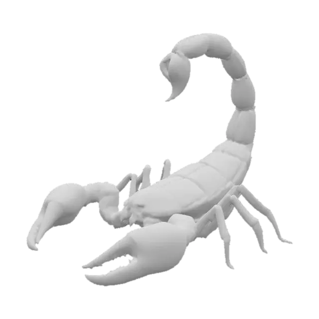 3D model for A hyper-realistic sculpture of a menacing scorpion crafted from deep, iridescent carnival glass. Its curved, segmented tail arches high over its back, the stinger glowing with molten ruby and gold highlights. Each armored plate along the body refracts shifting rainbow oil-slick hues—emerald, magenta, cobalt, and amber—while the sharp, jointed legs gleam with a polished PBR sheen. The pincers are carved with subtle swirling patterns, scattering iridescent reflections as if alive. White background.


















