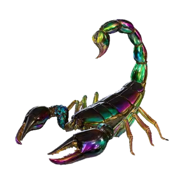 3D model for A hyper-realistic sculpture of a menacing scorpion crafted from deep, iridescent carnival glass. Its curved, segmented tail arches high over its back, the stinger glowing with molten ruby and gold highlights. Each armored plate along the body refracts shifting rainbow oil-slick hues—emerald, magenta, cobalt, and amber—while the sharp, jointed legs gleam with a polished PBR sheen. The pincers are carved with subtle swirling patterns, scattering iridescent reflections as if alive. White background.


















