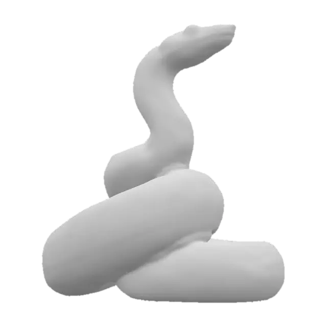 3D model for A sinuous ceramic snake figurine, elegantly coiled with its head gracefully lifted, ready to strike or observe. Its cylindrical, winding body is covered in a glossy two-tone glaze: a deep, polished dark brown forms intricate patterns along its back, contrasting with a creamy beige for its smooth underbelly. The sculpted form is flawlessly smooth and cool, reflecting ambient light with a liquid sheen, embodying stealth and fluid movement.