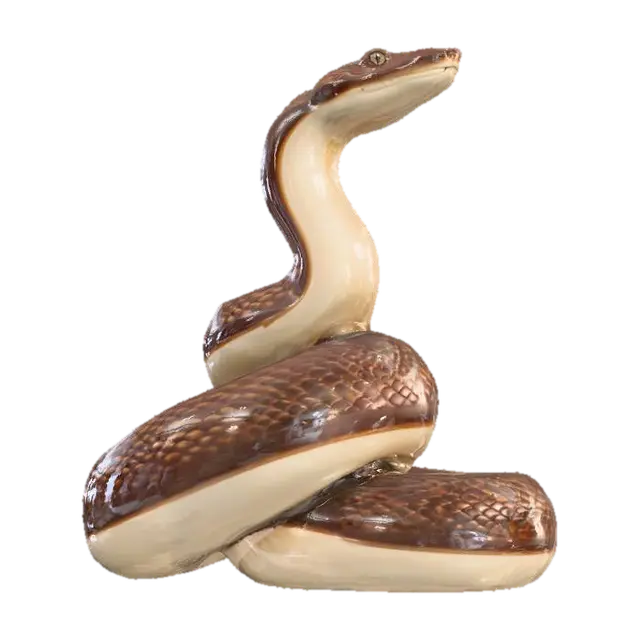 3D model for A sinuous ceramic snake figurine, elegantly coiled with its head gracefully lifted, ready to strike or observe. Its cylindrical, winding body is covered in a glossy two-tone glaze: a deep, polished dark brown forms intricate patterns along its back, contrasting with a creamy beige for its smooth underbelly. The sculpted form is flawlessly smooth and cool, reflecting ambient light with a liquid sheen, embodying stealth and fluid movement.