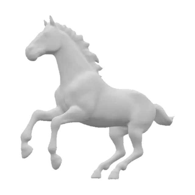3D model for A glossy ceramic sculpture of a running horse mid-gallop, smooth fluid body lines, two-tone glazed finish of chocolate brown and warm ivory, shining reflective surface, elegant artisan style, studio photography render, dark gradient background.
