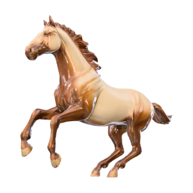 3D model for A glossy ceramic sculpture of a running horse mid-gallop, smooth fluid body lines, two-tone glazed finish of chocolate brown and warm ivory, shining reflective surface, elegant artisan style, studio photography render, dark gradient background.
