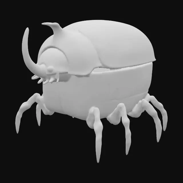 3D model for A robust, stylized beetle-shaped container, with a heavily chipped yellow upper shell featuring faded black stenciled markings. Its lower body is comprised of two hinged panels, each painted with stark black and white diagonal hazard stripes, showing wear and scuffs. Six segmented, gnarled brown metallic legs extend from its sides, and a prominent, ridged horn juts from its head. The container feels cold and solid, with a rough, distressed texture.