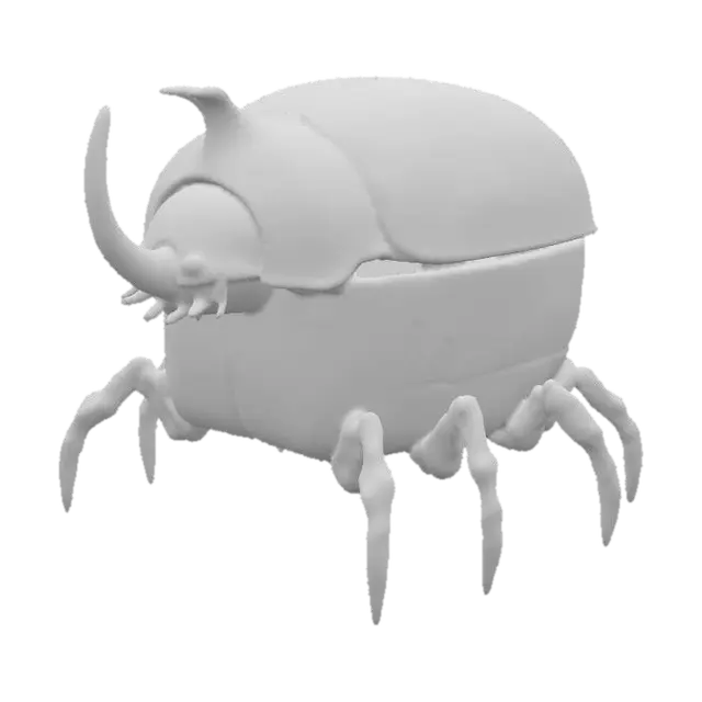 3D model for A robust, stylized beetle-shaped container, with a heavily chipped yellow upper shell featuring faded black stenciled markings. Its lower body is comprised of two hinged panels, each painted with stark black and white diagonal hazard stripes, showing wear and scuffs. Six segmented, gnarled brown metallic legs extend from its sides, and a prominent, ridged horn juts from its head. The container feels cold and solid, with a rough, distressed texture.