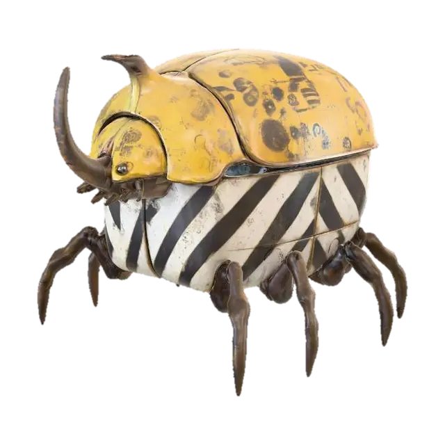 3D model for A robust, stylized beetle-shaped container, with a heavily chipped yellow upper shell featuring faded black stenciled markings. Its lower body is comprised of two hinged panels, each painted with stark black and white diagonal hazard stripes, showing wear and scuffs. Six segmented, gnarled brown metallic legs extend from its sides, and a prominent, ridged horn juts from its head. The container feels cold and solid, with a rough, distressed texture.
