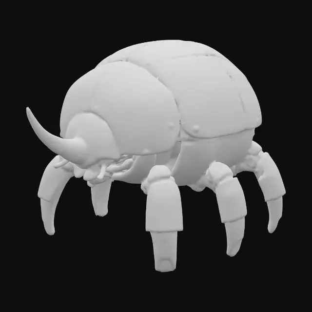 3D model for A short, chubby robotic battle beetle with a compact round body, weathered yellow armor plates featuring worn decals, black-and-white striped lower shell, a thick metallic horn, sturdy bronze legs, chipped industrial paint revealing metal underneath, cinematic octane render, ultra-detailed.
