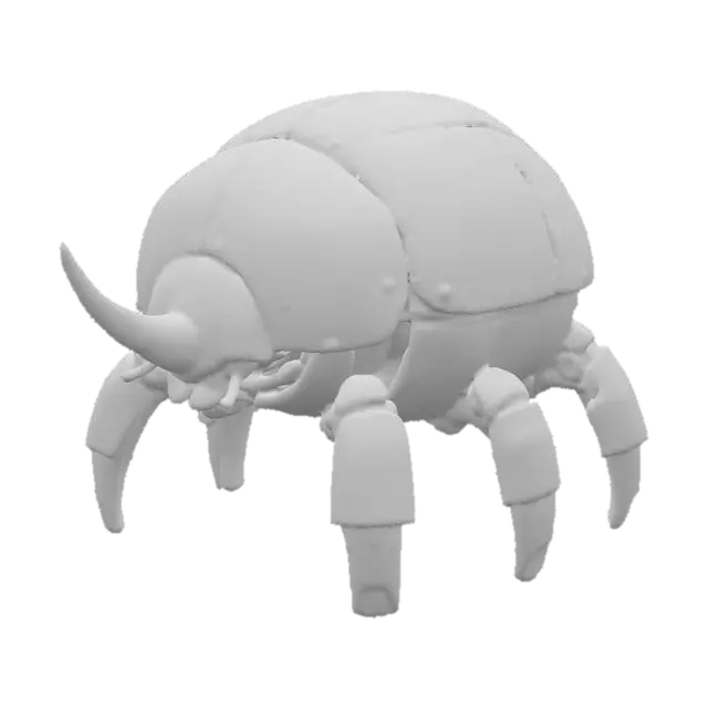 3D model for A short, chubby robotic battle beetle with a compact round body, weathered yellow armor plates featuring worn decals, black-and-white striped lower shell, a thick metallic horn, sturdy bronze legs, chipped industrial paint revealing metal underneath, cinematic octane render, ultra-detailed.