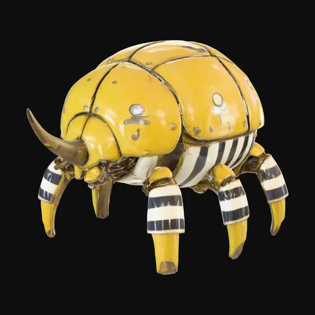 3D model for A short, chubby robotic battle beetle with a compact round body, weathered yellow armor plates featuring worn decals, black-and-white striped lower shell, a thick metallic horn, sturdy bronze legs, chipped industrial paint revealing metal underneath, cinematic octane render, ultra-detailed.