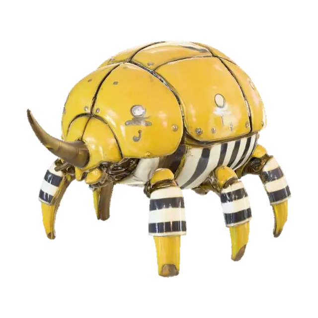 3D model for A short, chubby robotic battle beetle with a compact round body, weathered yellow armor plates featuring worn decals, black-and-white striped lower shell, a thick metallic horn, sturdy bronze legs, chipped industrial paint revealing metal underneath, cinematic octane render, ultra-detailed.