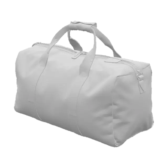 3D model for A utilitarian duffel bag, cylindrical in shape, crafted from tough, faded army green canvas. Its surface feels rough and durable, with a visible weave texture and signs of light scuffing. It has a single main zippered opening along the top and two robust canvas handles stitched securely. The material is dense and firm, designed to withstand heavy loads, feeling weighty and resilient.