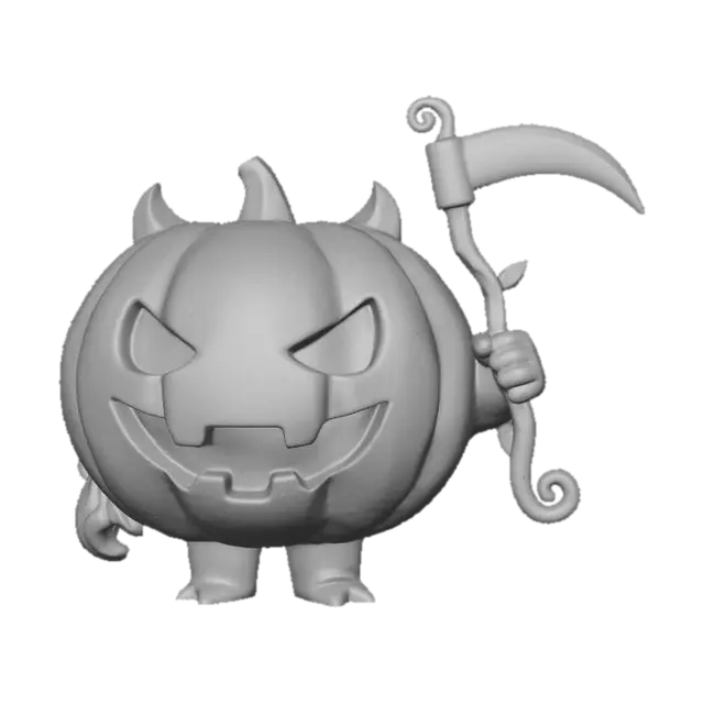 3D model for Pop Mart style chibi pumpkin imp toy with oversized pumpkin mask, 
stubby arms holding a neon-green toy scythe. 
Glossy painted vinyl finish, 
round stylized proportions with toy-like cuteness.