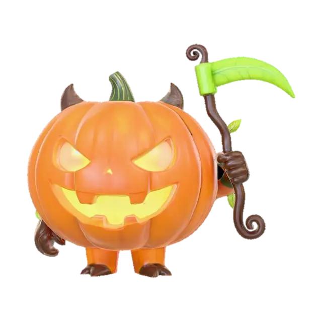 3D model for Pop Mart style chibi pumpkin imp toy with oversized pumpkin mask, 
stubby arms holding a neon-green toy scythe. 
Glossy painted vinyl finish, 
round stylized proportions with toy-like cuteness.