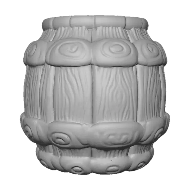 3D model for Chibi-stylized PBR 3D model of a wooden barrel reinforced with pumpkin rings. 
Wood albedo gradient warm brown, 
pumpkin rims orange gradient with stylized grooves, 
roughness variation matte wood planks vs smoother pumpkin trim.