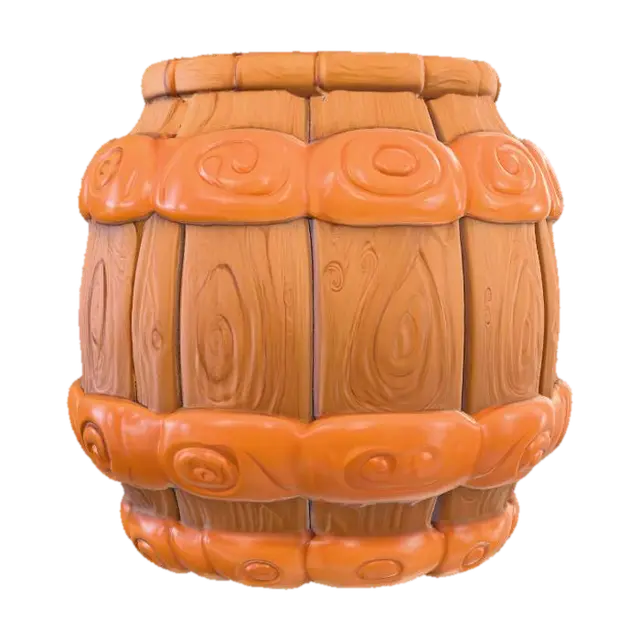 3D model for Chibi-stylized PBR 3D model of a wooden barrel reinforced with pumpkin rings. 
Wood albedo gradient warm brown, 
pumpkin rims orange gradient with stylized grooves, 
roughness variation matte wood planks vs smoother pumpkin trim.