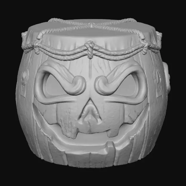 3D model for Stylized PBR 3D model of a Halloween drum with exaggerated spooky face carvings. 
Wood albedo with bright red gradient, Pumpkin
emissive neon green eyes on face, 
roughness maps for worn surface, 
normal stitched drum skin details.