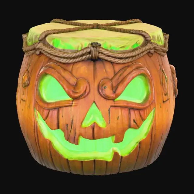 3D model for Stylized PBR 3D model of a Halloween drum with exaggerated spooky face carvings. 
Wood albedo with bright red gradient, Pumpkin
emissive neon green eyes on face, 
roughness maps for worn surface, 
normal stitched drum skin details.